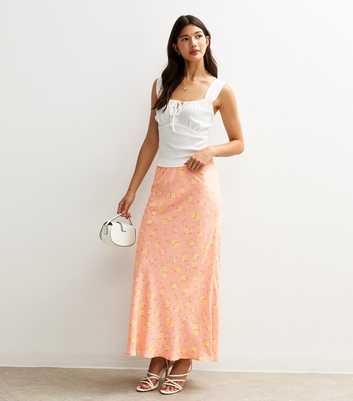 Pink Floral Print Bias Cut Midi Skirt