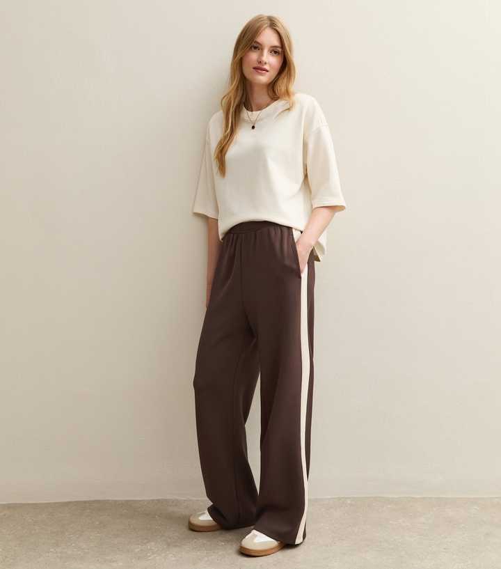 Premium Brown Jersey Side Stripe Wide Leg Trousers