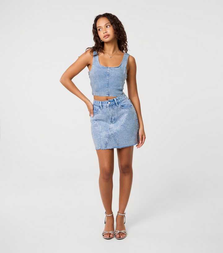 Pink Vanilla Mid Blue Diamanté Embellished Denim Mini Skirt