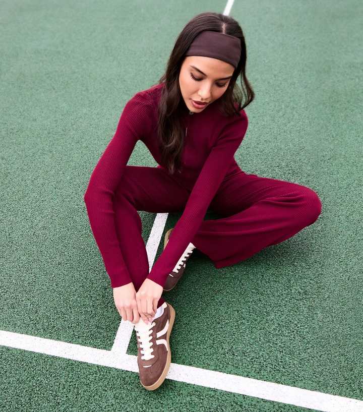Pink Vanilla Burgundy Ribbed Zip Up Top and Trousers Set