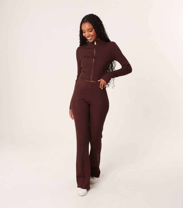 Pink Vanilla Dark Brown Zip Up Ribbed Set | New Look