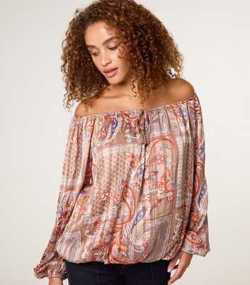 Blue Vanilla Brown Paisley Print Bardot Puffball Hem Blouse