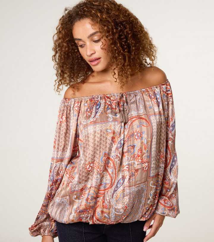 Blue Vanilla Brown Paisley Print Bardot Puffball Hem Blouse