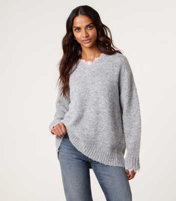 Blue Vanilla Grey Lace Trim V-Neck Jumper