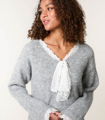 Blue Vanilla Grey Lace Trim Knit Jumper | New Look