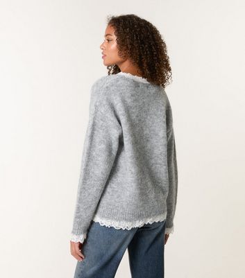 Blue Vanilla Grey Lace Trim Knit Jumper | New Look Blue Vanilla Grey Lace Trim Knit Jumper | New Look