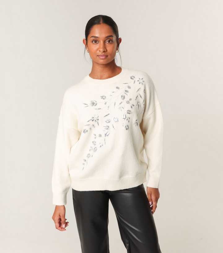 Blue Vanilla Off White Sequin Embellished Jumper