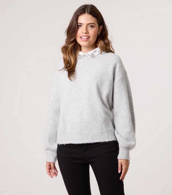 Blue Vanilla Grey Embellished Peter Pan Collar Jumper