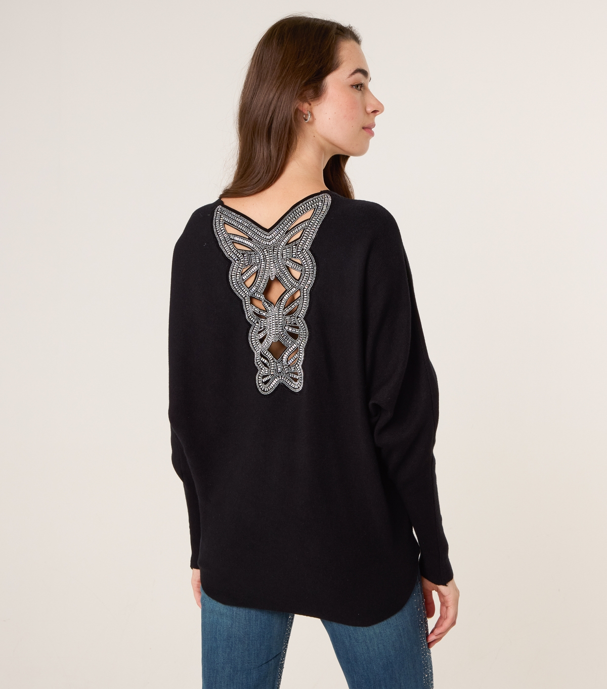 Women's Black Embellished Cut Out Back Batwing Jumper Blue Vanilla New Look