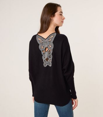 Blue Vanilla Black Embellished Cut Out Back Batwing Jumper