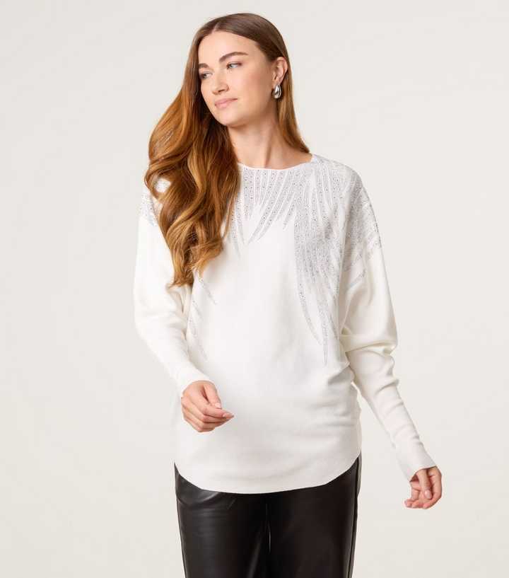 Blue Vanilla Off White Diamante Embellished Batwing Sleeve Jumper