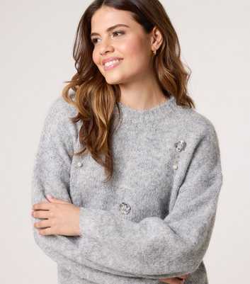 Blue Vanilla Grey Flower Embellished Jumper