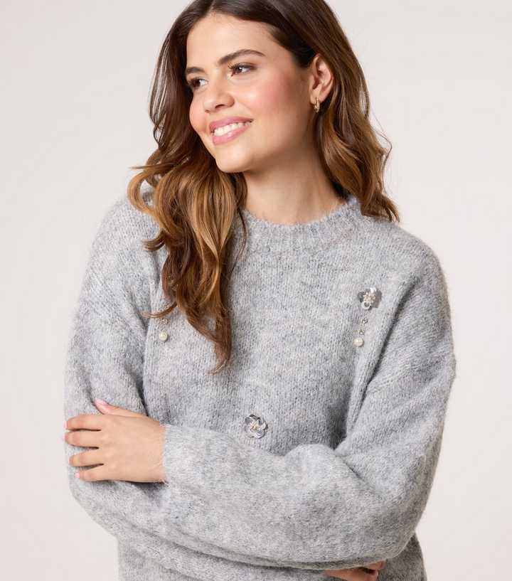 Blue Vanilla Grey Flower Embellished Jumper