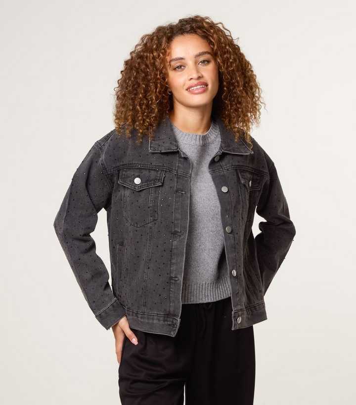 Blue Vanilla Black Diamante Embellished Denim Jacket
