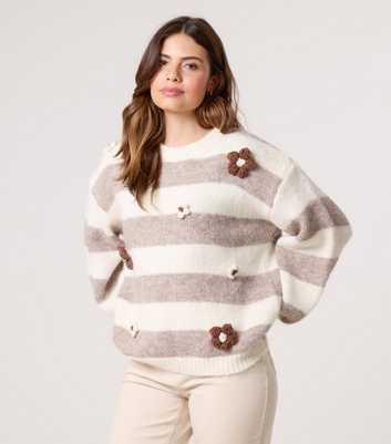 Blue Vanilla Off White Striped Floral Appliqued Jumper