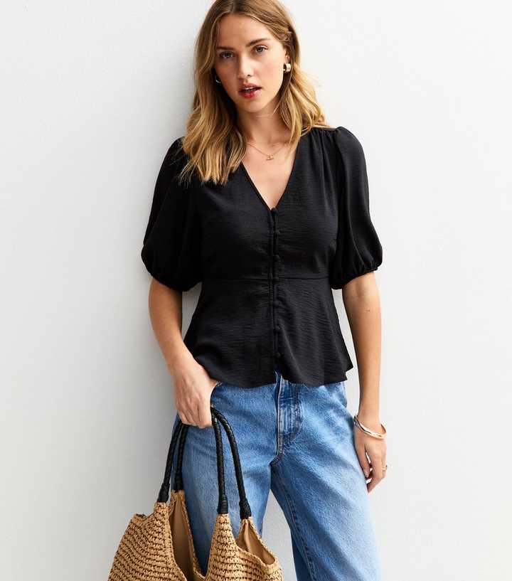 Black Crinkle Texture Button Detail Tea Blouse