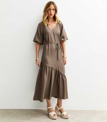 Dark Brown Asymmetrical Puff Sleeve Midi Dress