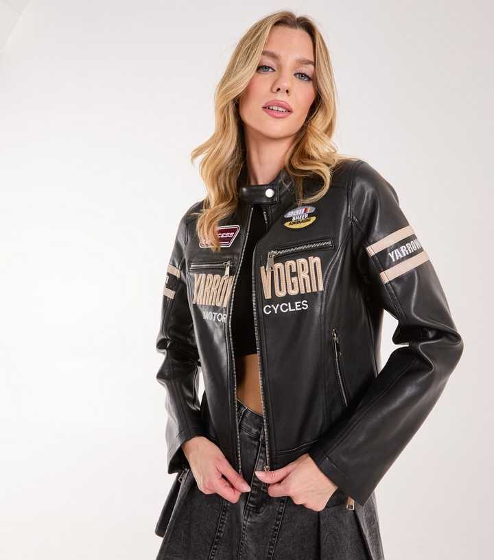 Pink Vanilla Black Faux Leather Motocross Biker Jacket