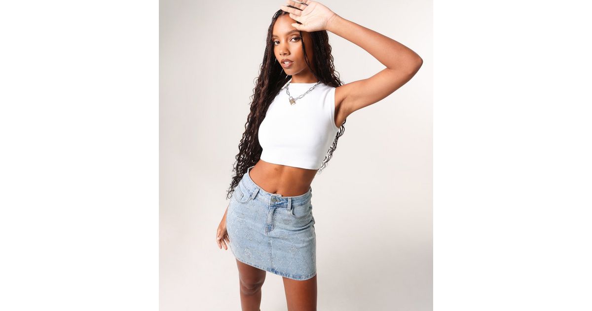 Pink Vanilla Blue Rhinestone Embellished Denim Mini Skirt New