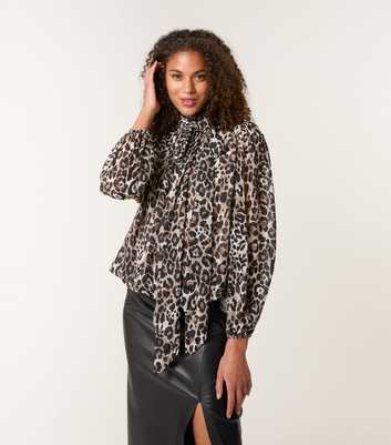 Blue Vanilla Brown Leopard Print Diamante Stud Puffball Hem Blouse
