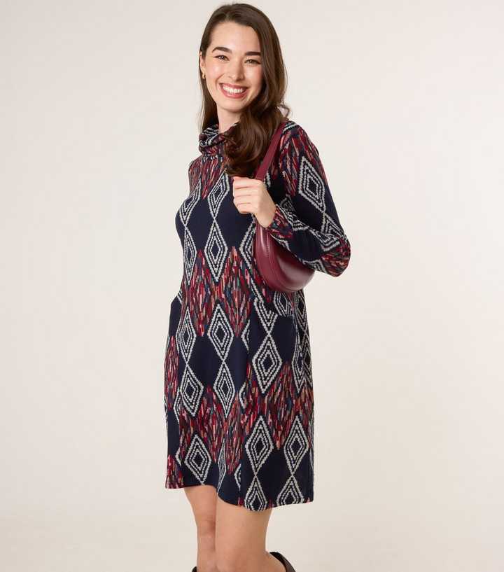 Blue Vanilla Navy Geometric Pattern Draped High Neck Dress