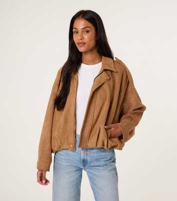 Blue Vanilla Tan Faux Suede Puffball Hem Jacket