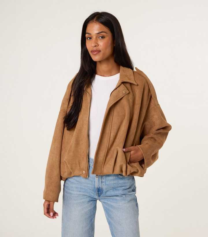 Blue Vanilla Tan Faux Suede Puffball Hem Jacket