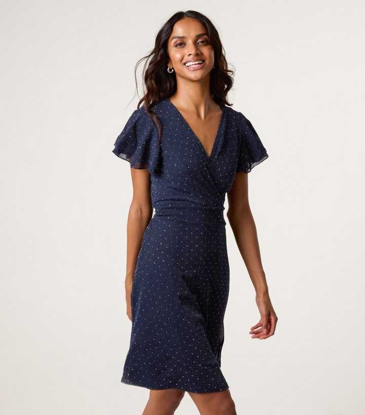 knee length dresses for ladies Navy Wrap Top Belted Short Sleeve Plisse Mini Dress – AX Paris US main image 1