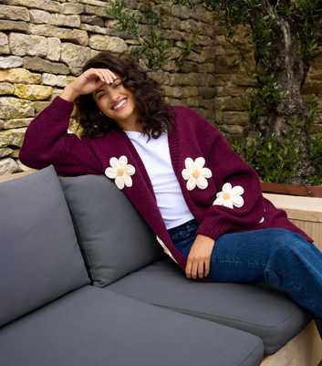 Blue Vanilla Burgundy Daisy Embroidered Cardigan