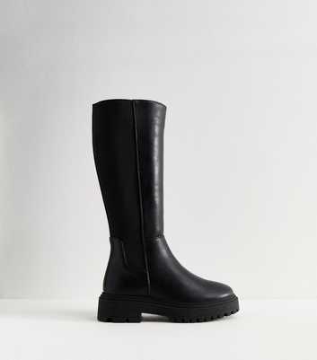 Wide Fit Black Faux Leather Knee High Boots