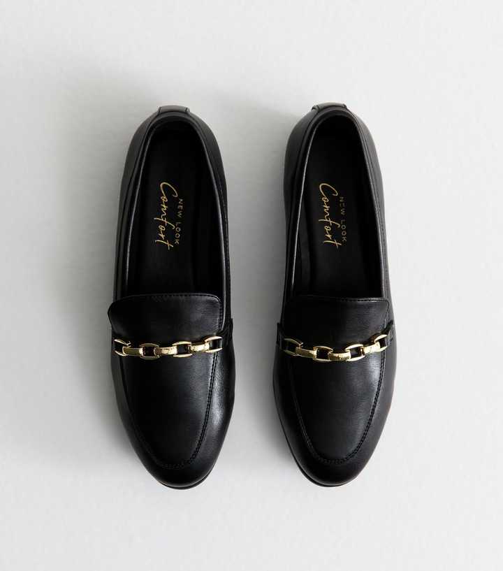 Wide Fit Black Faux Leather Chain Trim Loafers