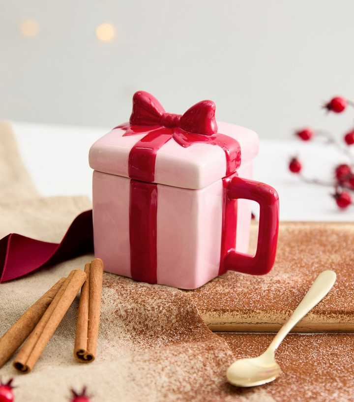 Pink Festive Present Mug with Lid