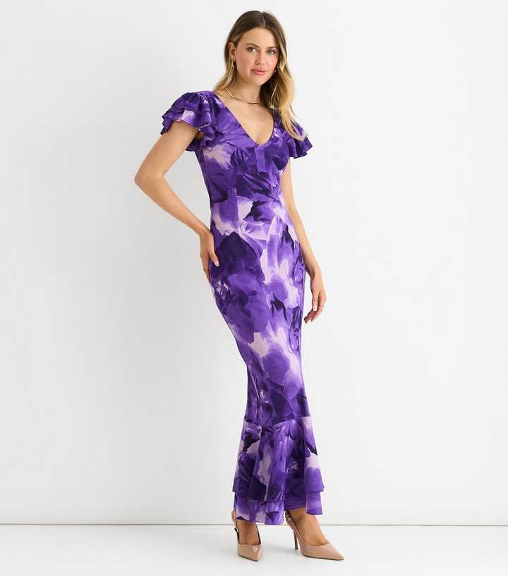 Gini London Light Purple Watercolour Floral Maxi Dress