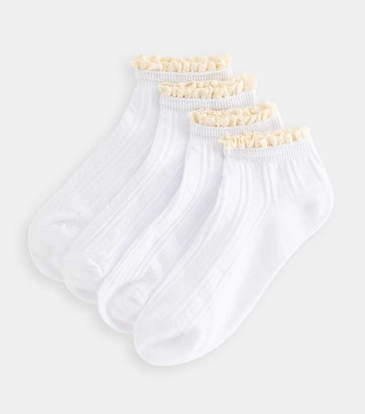 Pack of 4 White Pointelle Frilly Trim Trainer Socks