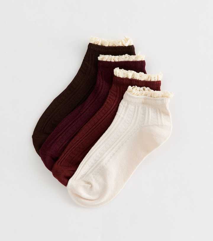Pack of 4 Dark Burgundy Textured Frill Trainer Socks