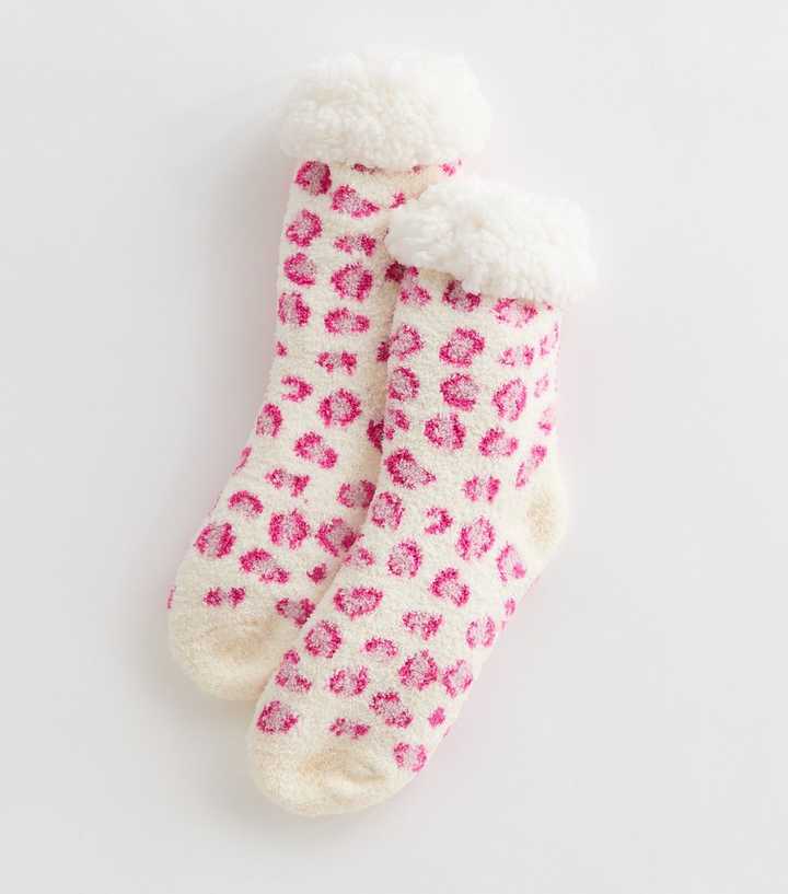 Pink Leopard Print Fluffy Textured Slipper Socks