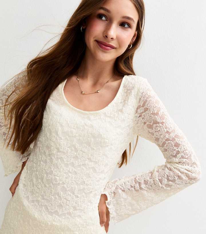 Girls Off White Lace Long Sleeve Dress | New Look