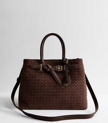 Dark Brown Faux Suede Triple Compartment Tote Bag