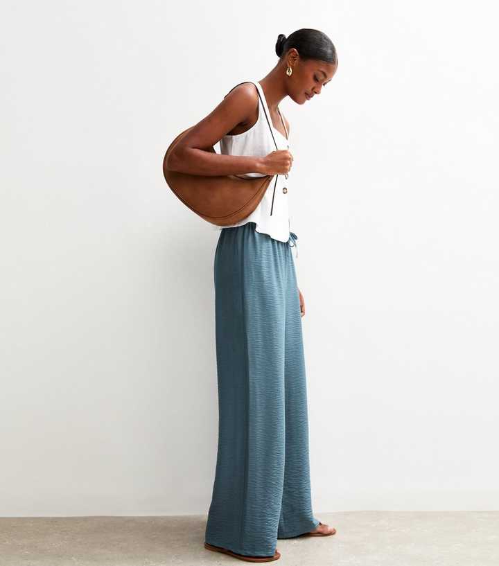 Blue Crinkle Texture Wide Leg Trousers