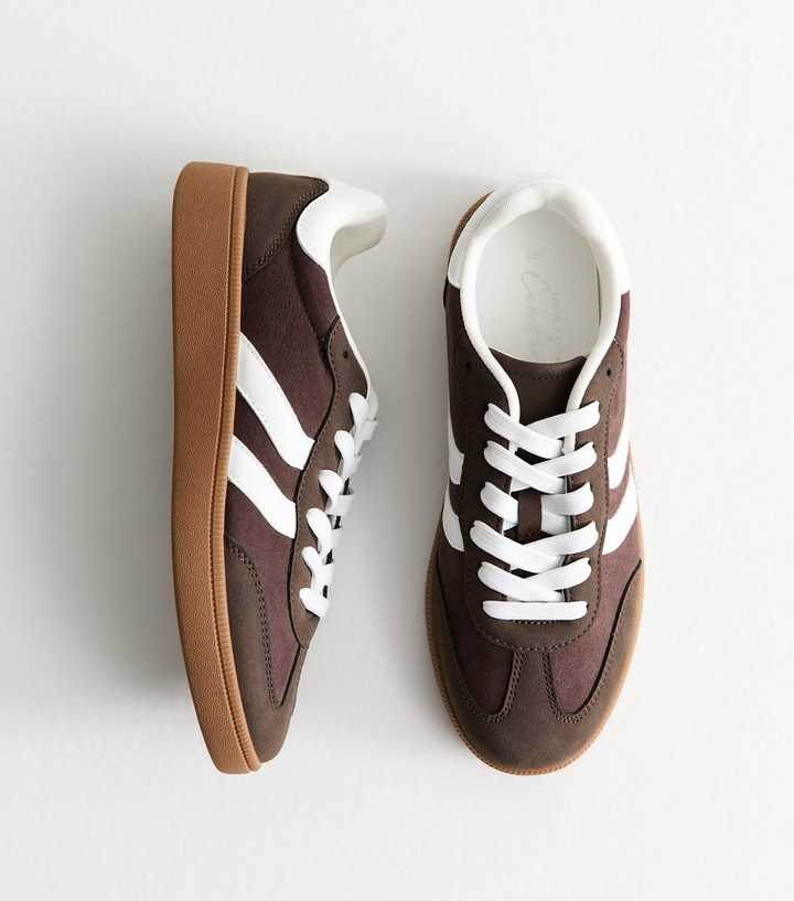 Brown Faux Suede Contrast Panelled Lace Up Trainers