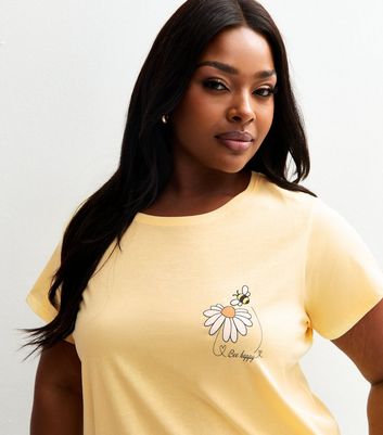 Curves Yellow Bee Happy Bee Print T-Shirt | New Look