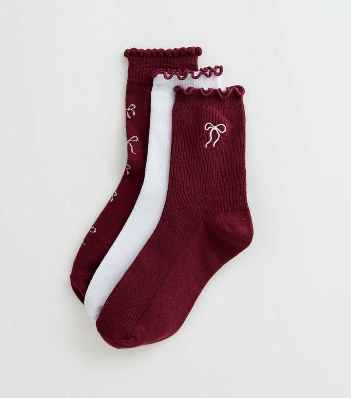 Pack of 3 Dark Burgundy Ribbed Bow Embroidered Lettuce Trim Socks