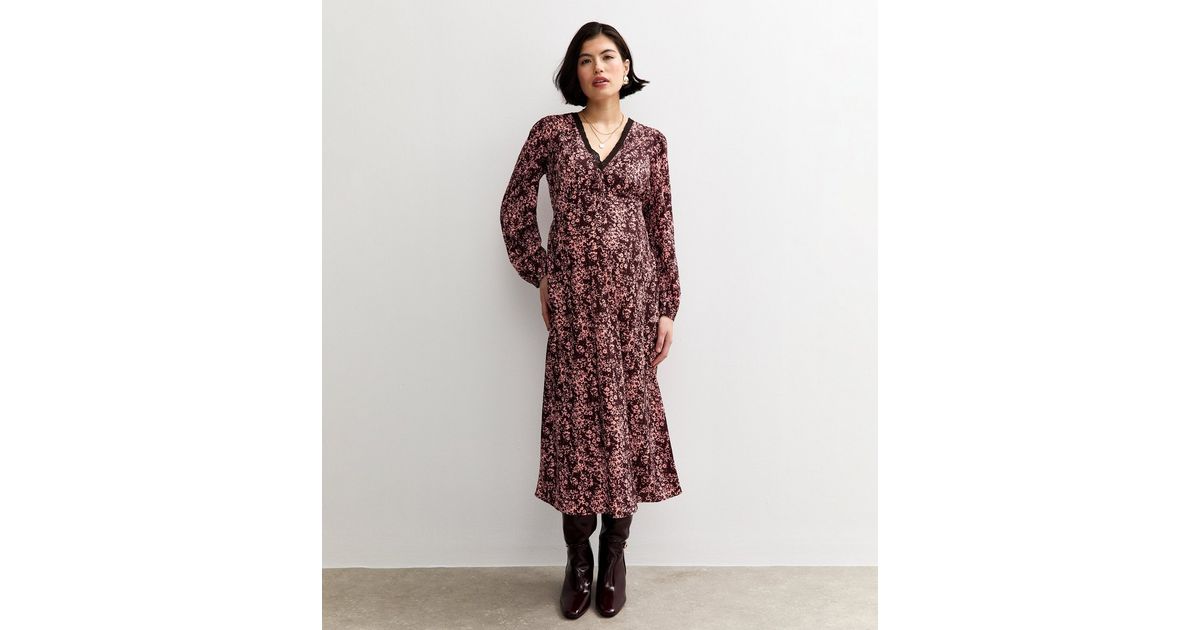 burgundy floral maternity dress Orielle Burgundy Asymmetric-Neck Maternity Maxi Dress With Knot-Slee – Club  L London main image 0