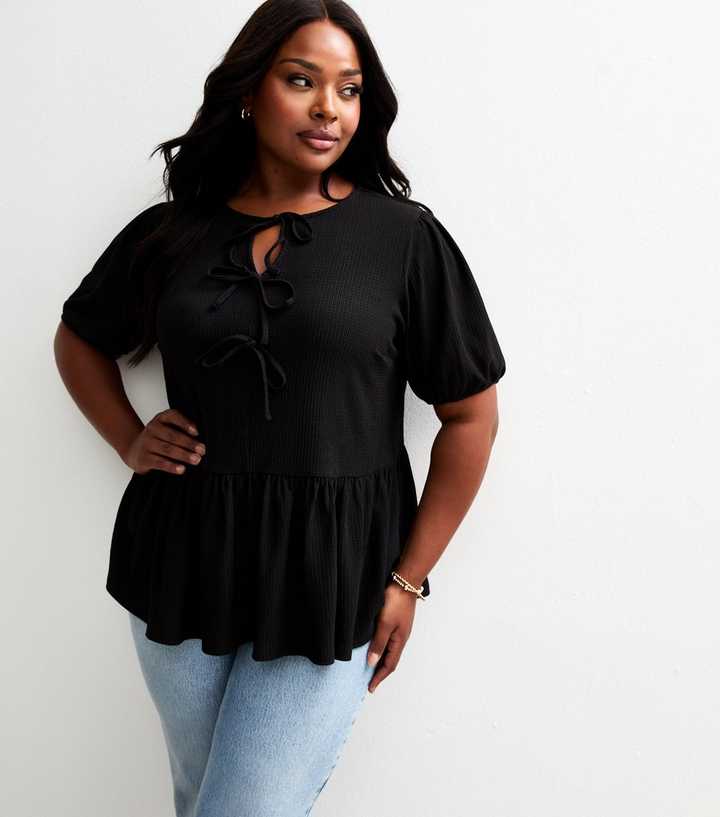Curves Black Crinkle Texture Short Sleeve Peplum Top