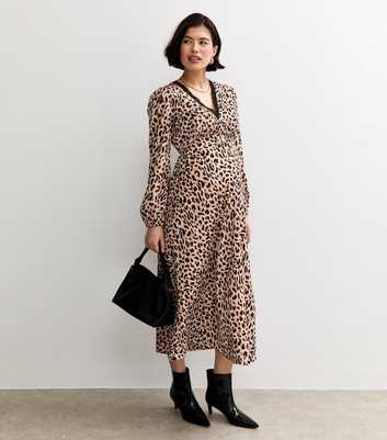 Maternity Brown Leopard Print Lace Trim Midi Dress