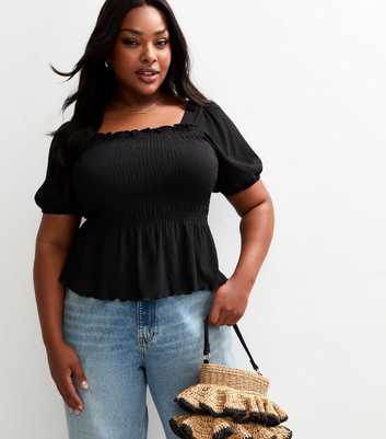 Curves Black Shirred Puff Sleeve Top