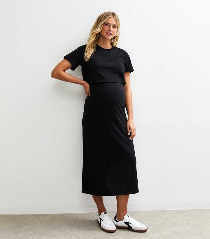 Maternity Black Double Layer Nursing T-Shirt Midi Dress