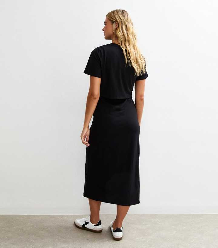 Maternity Black Double Layer Nursing T-Shirt Midi Dress | New Look