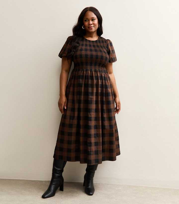 Curves Brown Checked Puff Sleeve Midi Dress