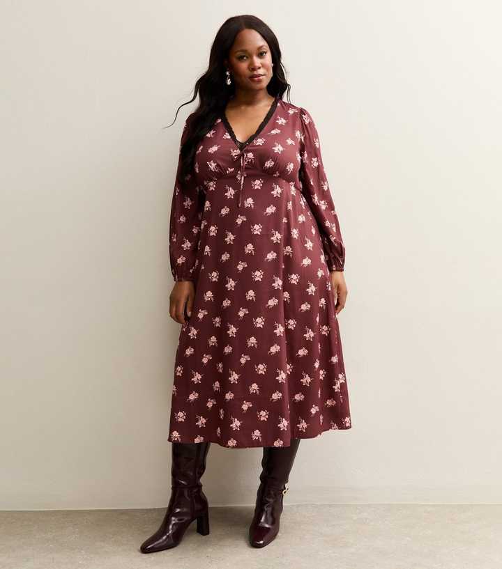 Curves Red Floral Print Lace Trimmed Midi Dress